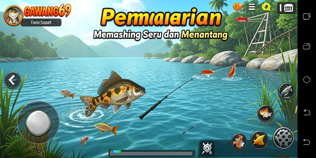 Tampilan gameplay memancing seru di GAWANG69 dengan banyak lokasi.